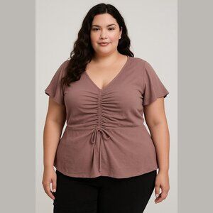 Maurices Women's Size XXL Mauve V Neck Ruched Front Ruffle Short Sleeve Blouse